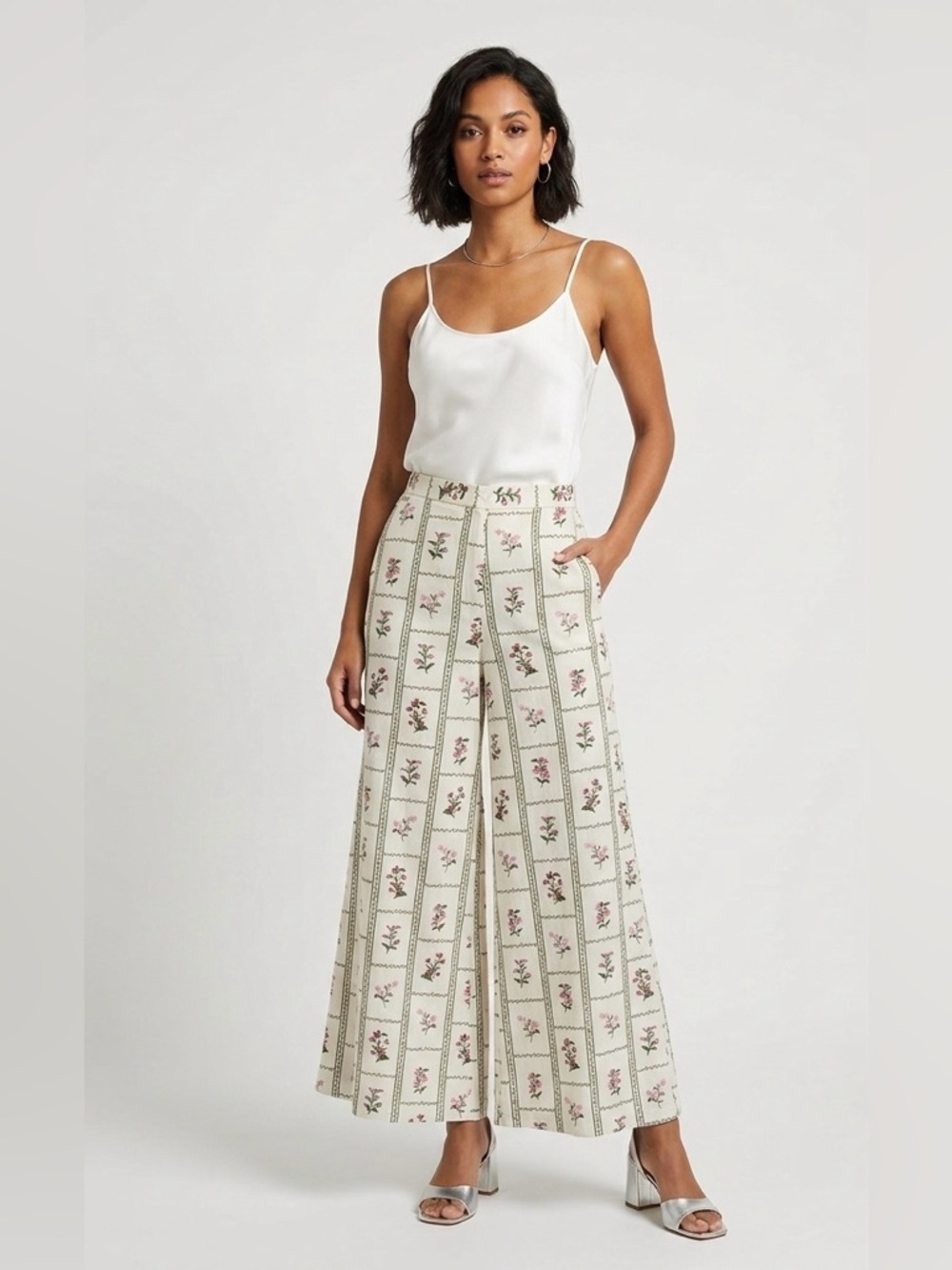 Midnight sky cotton blend Vintage-Inspired Floral Stripe Wide-Leg pants floral